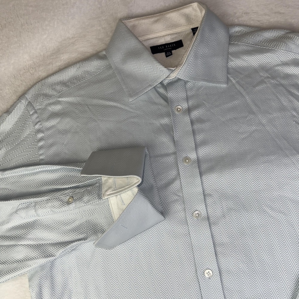 Ted Baker‎ Shirt Mens 16.5 34/35 Blue Herringbone French Cuff Long Sleeve Cotton